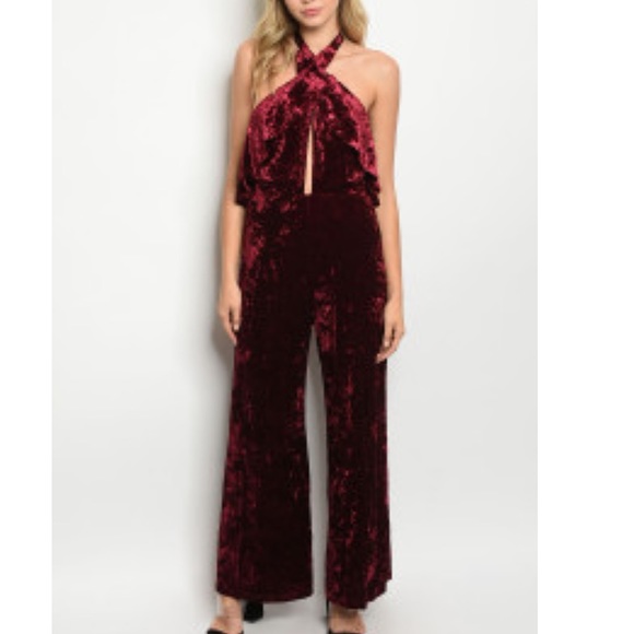 NWT Chic Wine Red Crushed Velvet Jumpsuit - Picture 2 of 4